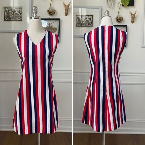 Vintage 60s Mod Stripe GoGo Mini Dress Red Blue S - Picture 1 of 9
